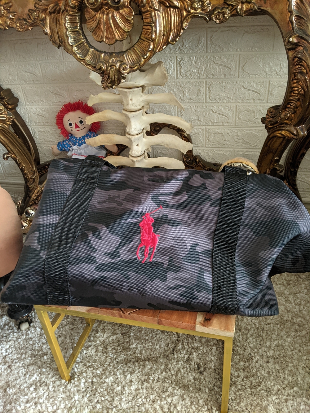 Polo by Ralph Lauren Black and Gray Camo Duffel with Pink Logo